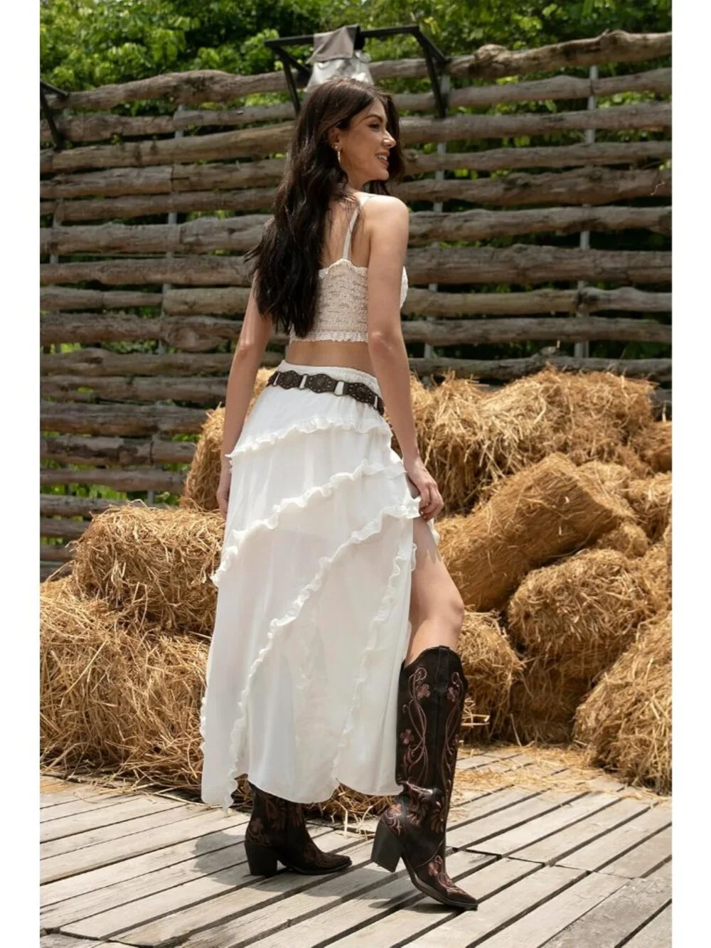 Women's Dark Brown pu Knee High Floral Embroidered Vintage Cowgirl Boots